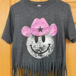 Gray Fringe Tee with Pink Hat Graphic